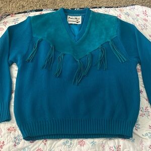 Vintage Pioneer Wear Western Sweater Large Blue Fringe Leather Nylon Vneck